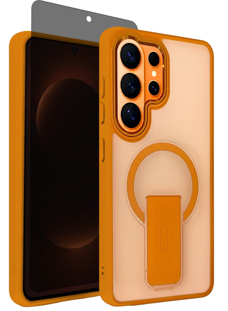 CATANES Magnetic Ring Kickstand Case for Galaxy S26 Ultra – Frosted Protective Back with Grip Holder with Privacy Screen Protector - Orange - Image 2